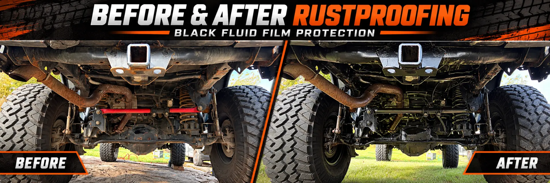 Before and after rustproofing with black Fluid Film protection on a truck underbody