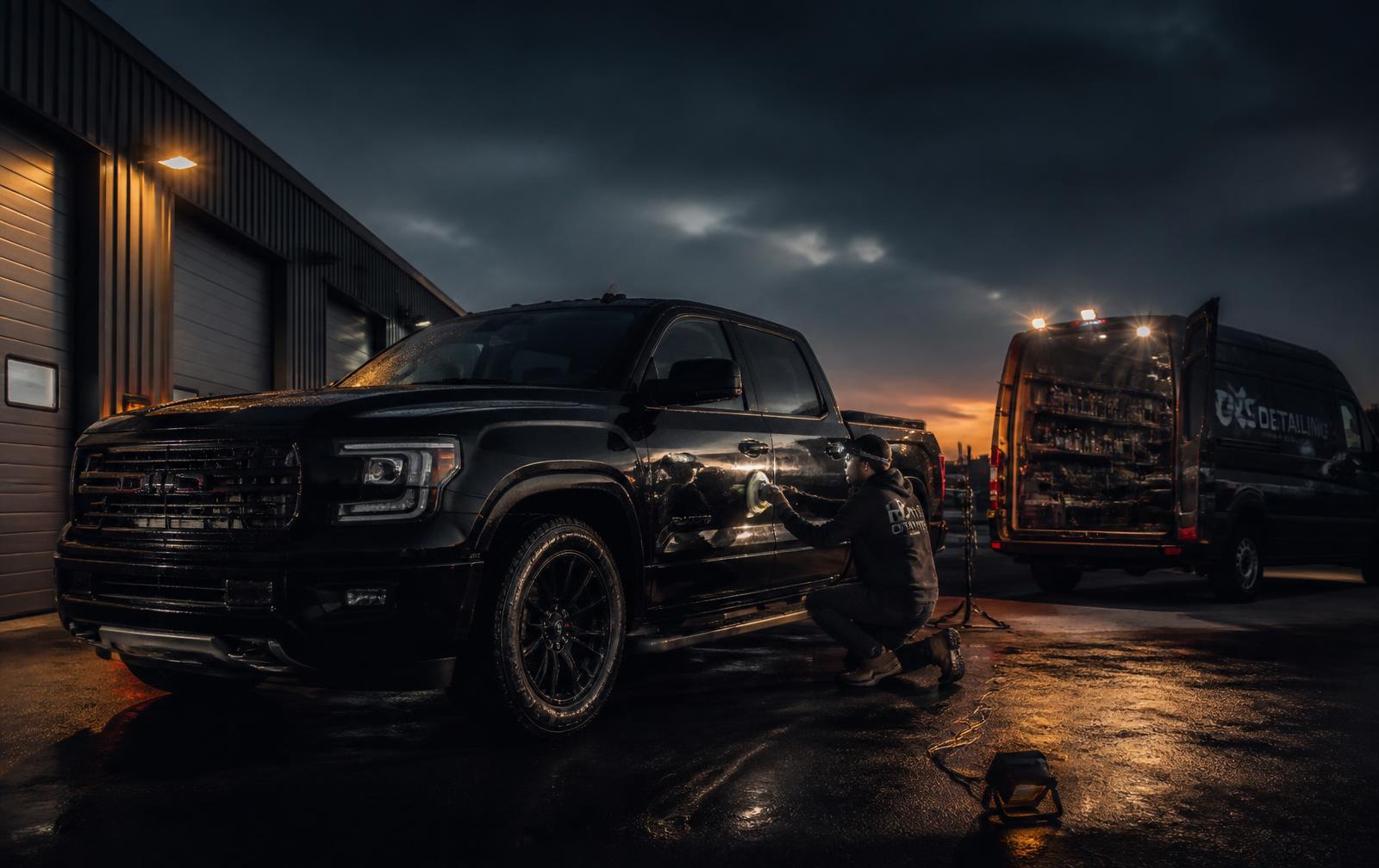Detailer polishing a black pickup truck beside a mobile detailing van at dusk